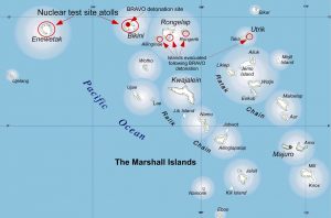 Between 1946 and 1958, the United States tested 66 nuclear weapons on or near Bikini and Enewetak atolls, which had previously been evacuated. Populations living elsewhere in the Marshall Islands archipelago were exposed to measurable levels of radioactive fallout from 20 of these tests.